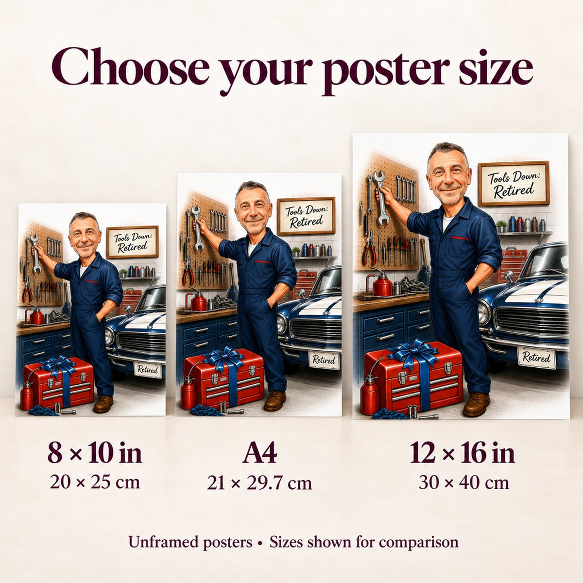 Poster size comparison showing 8x10, A4, and 12x16 mechanic garage artwork held in hands.