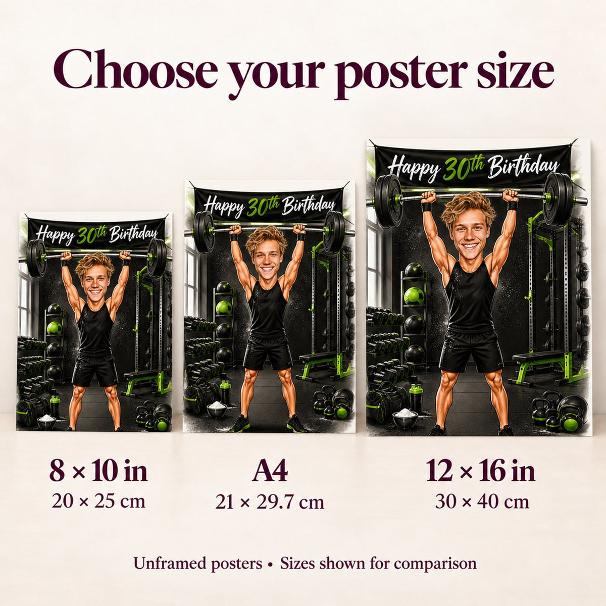Poster sizes 8x10, A4, and 12x16 compared side by side on a wall