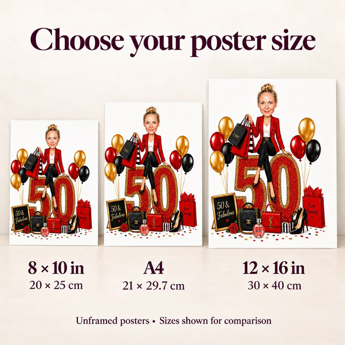 Poster sizes 8x10, A4, and 12x16 shown beside person for scale.