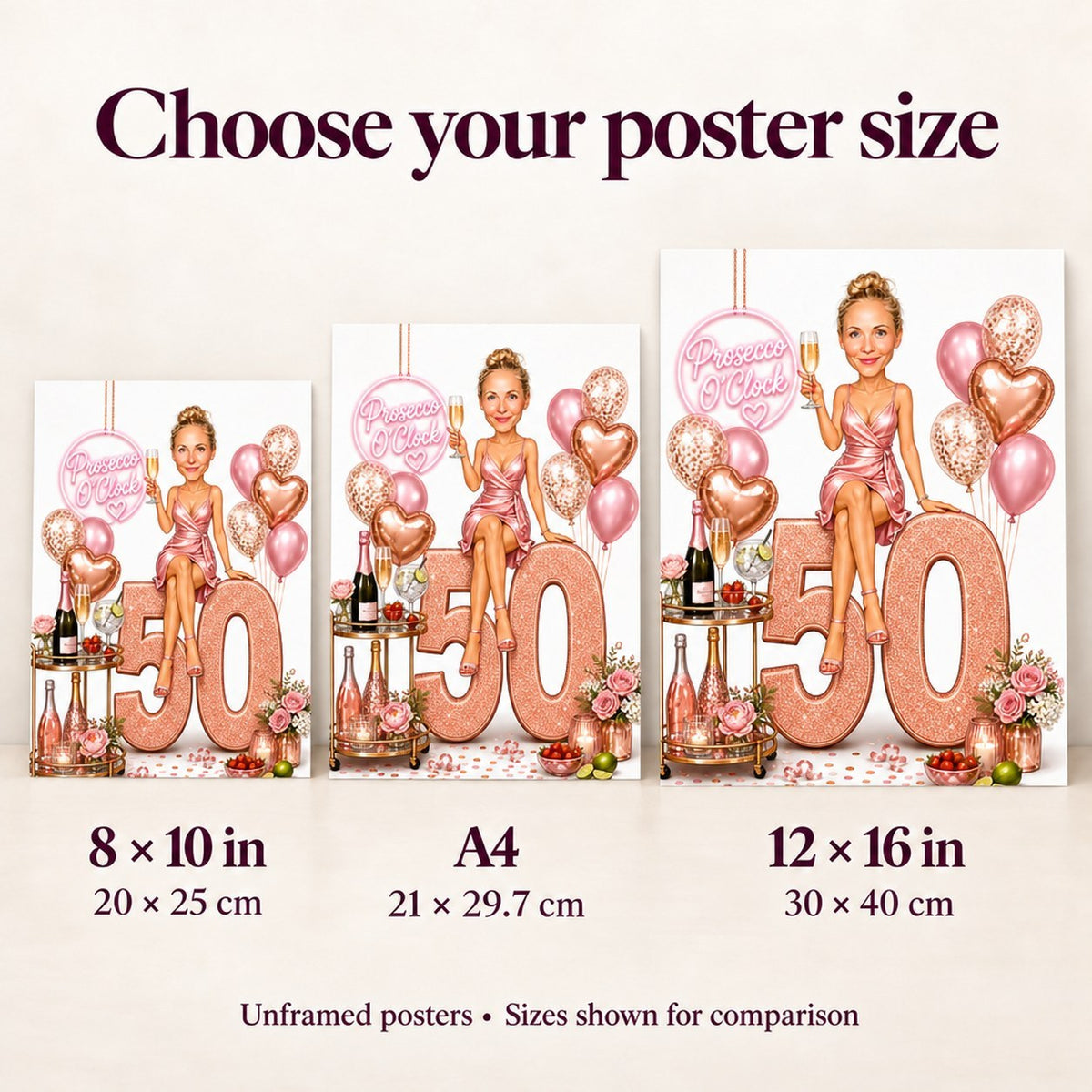 Poster sizes 8x10, A4, and 12x16 shown side by side for scale.