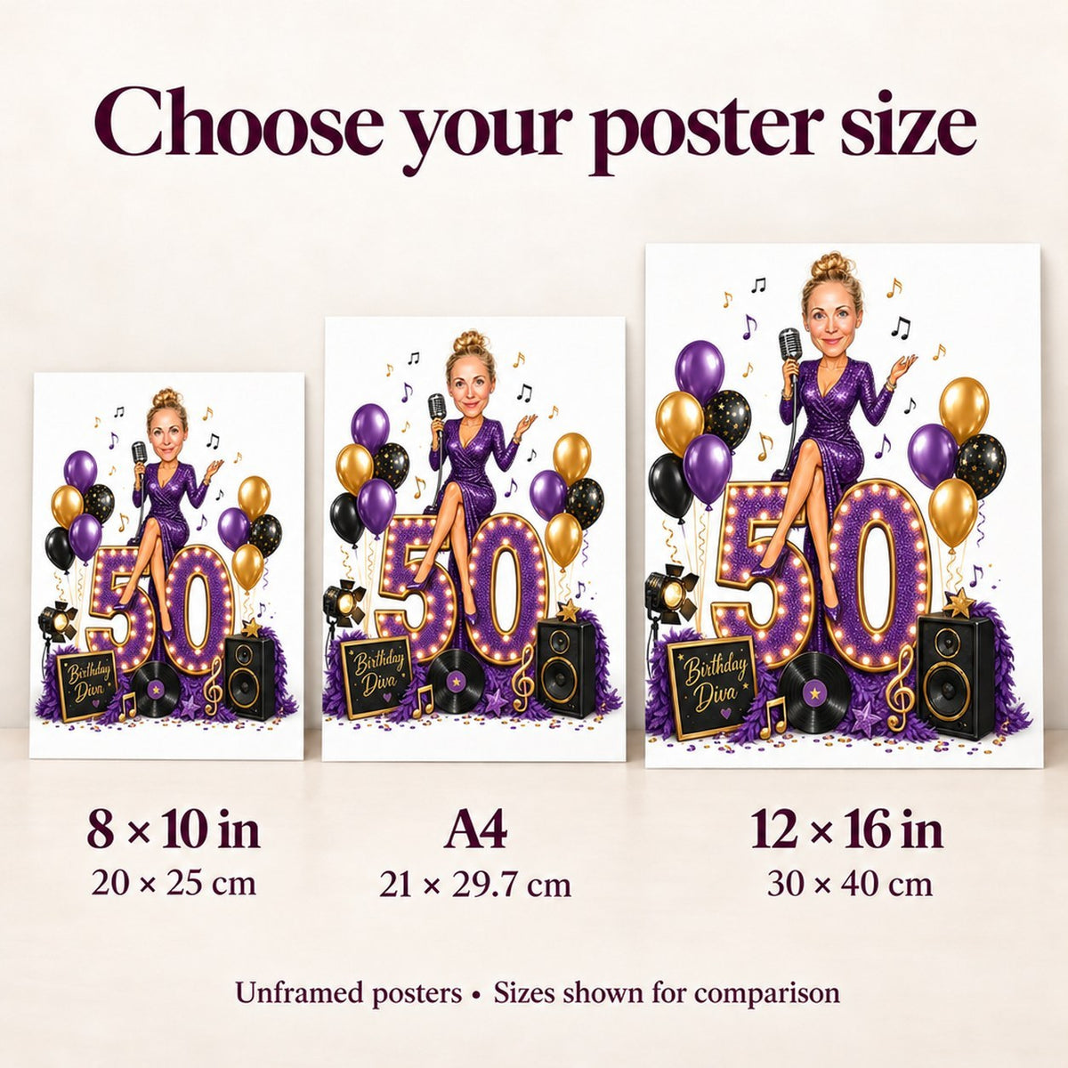 Posters 8x10, A4, and 12x16 compared side by side for scale.