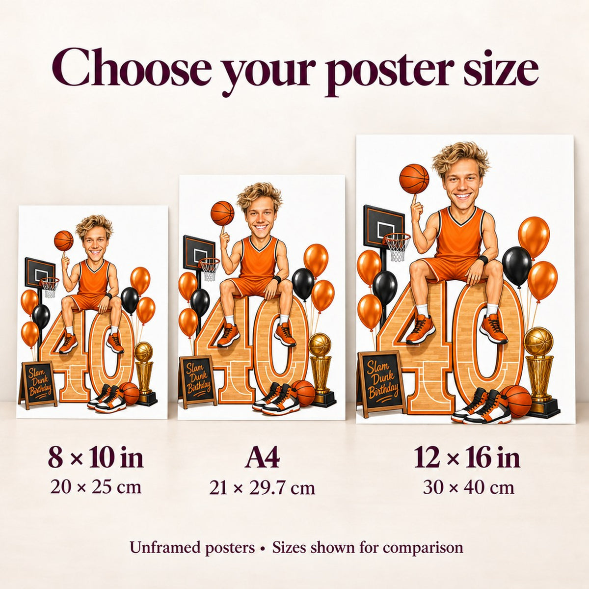 Poster size comparison showing 8x10, A4, and 12x16 basketball prints on a wall.