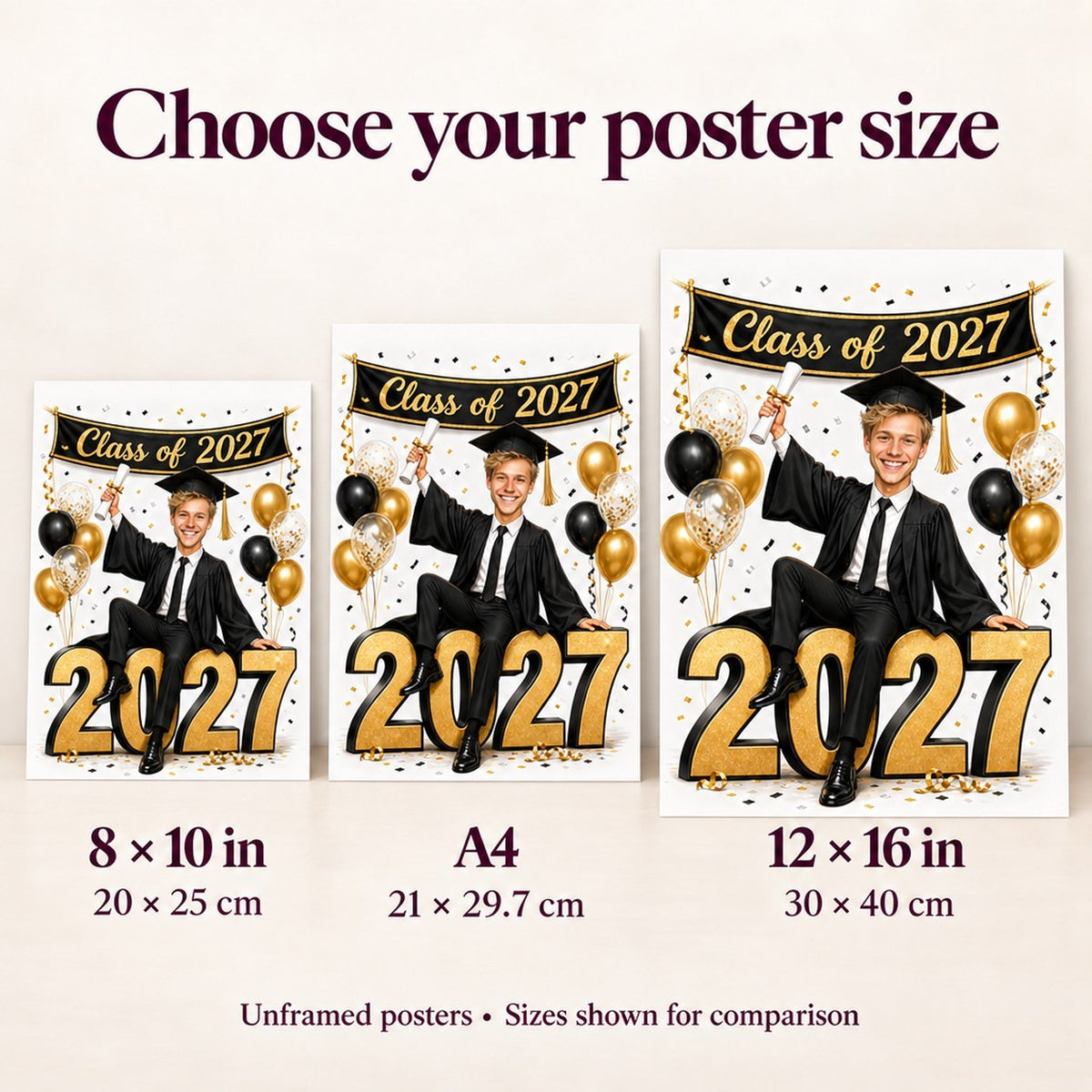 Poster size comparison showing 8x10, A4, and 12x16 graduation prints.