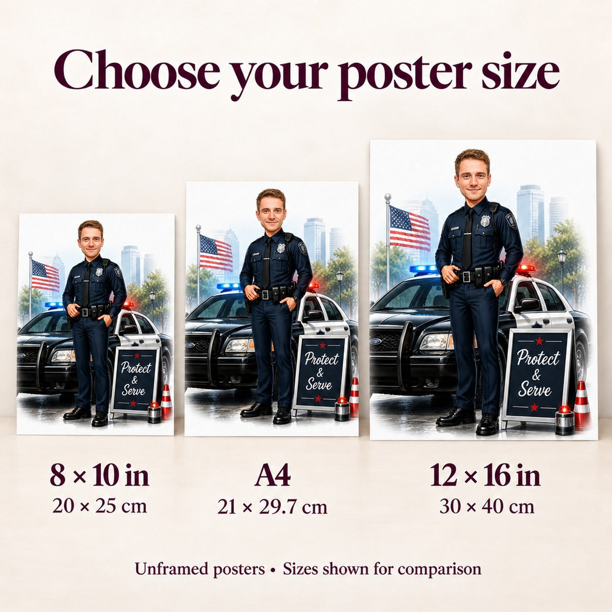 Poster size comparison showing 8x10, A4, and 12x16 police caricature prints.