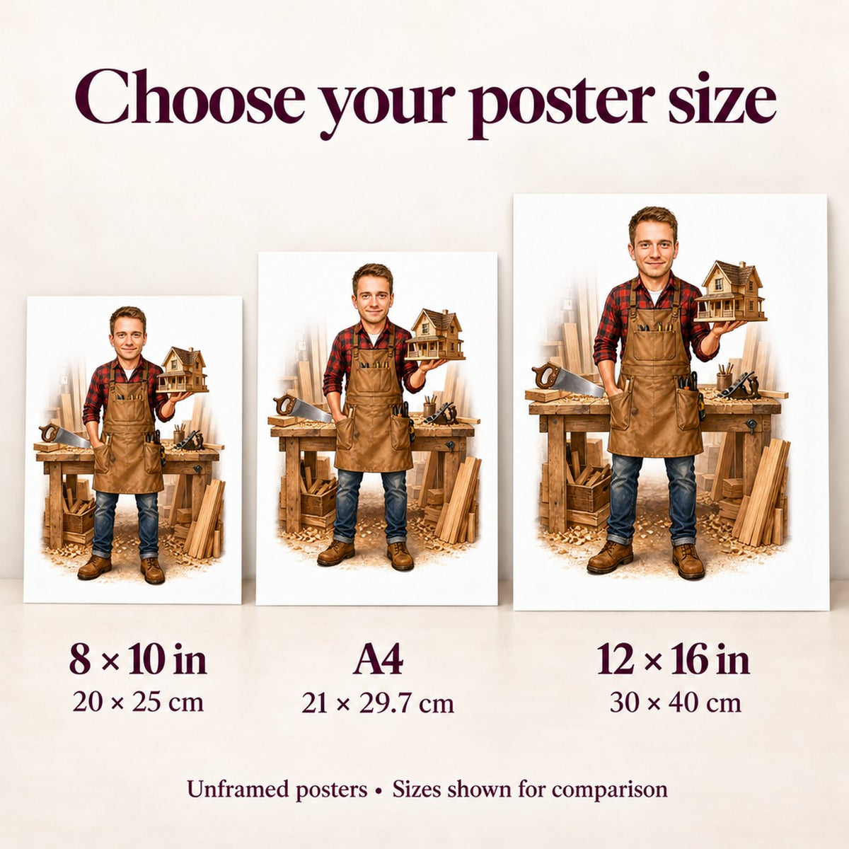 Poster size comparison showing 8x10, A4, and 12x16 carpenter caricature prints.