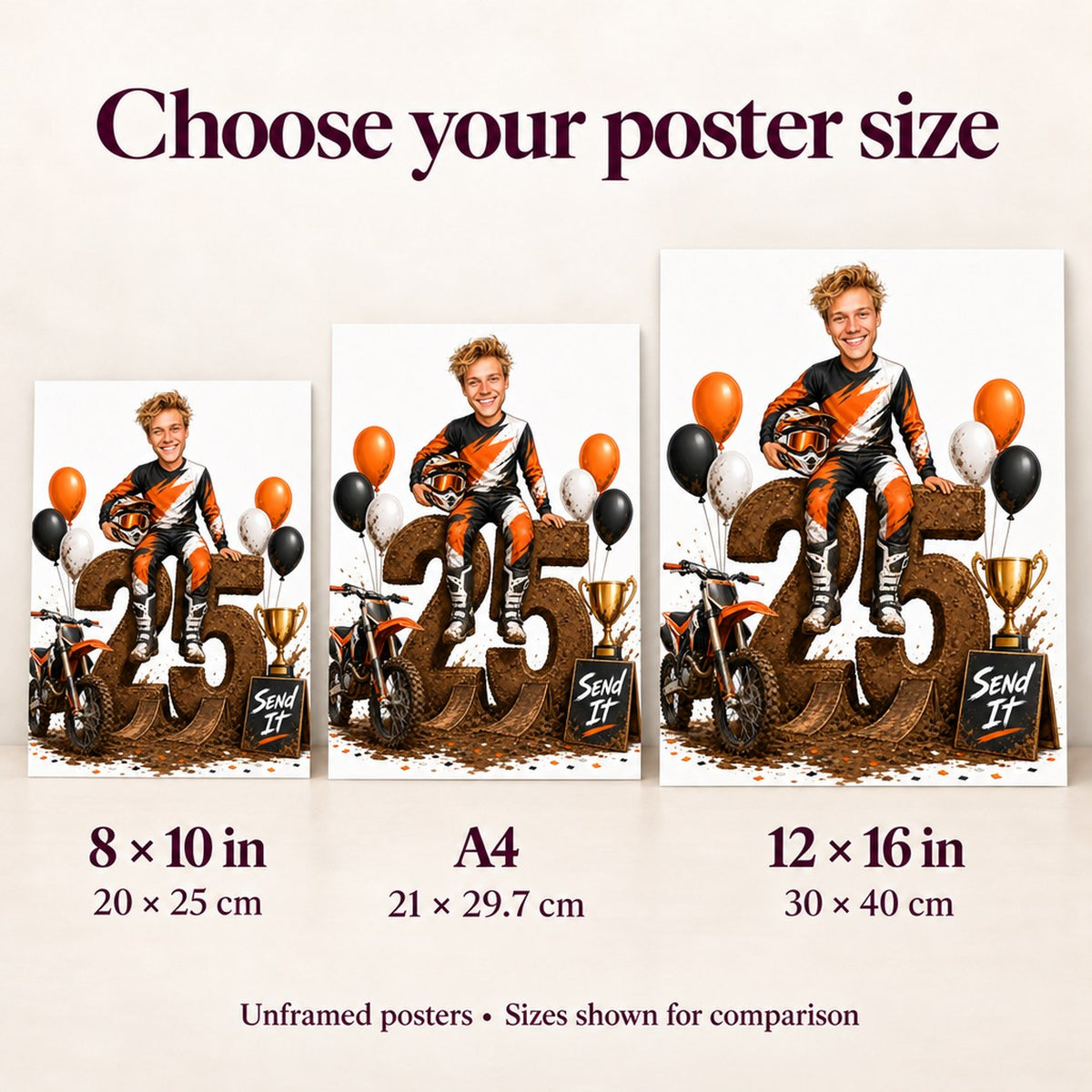 Poster size comparison for motocross print: 8x10, A4, and 12x16 options.