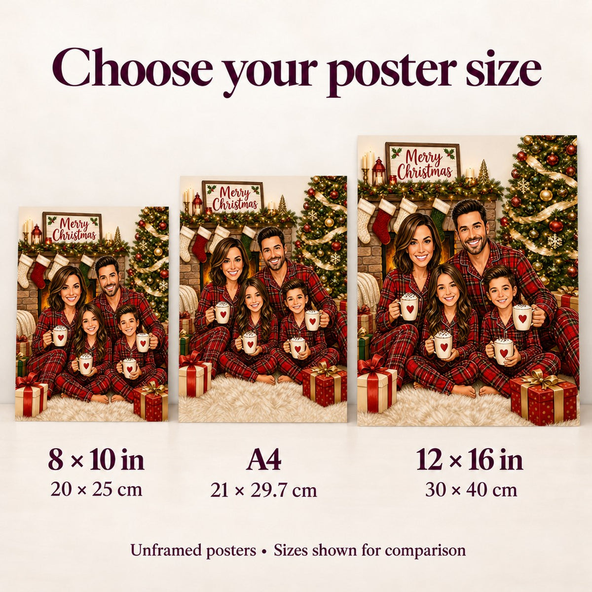 Poster sizes 8x10, A4, and 12x16 shown to scale on wall.