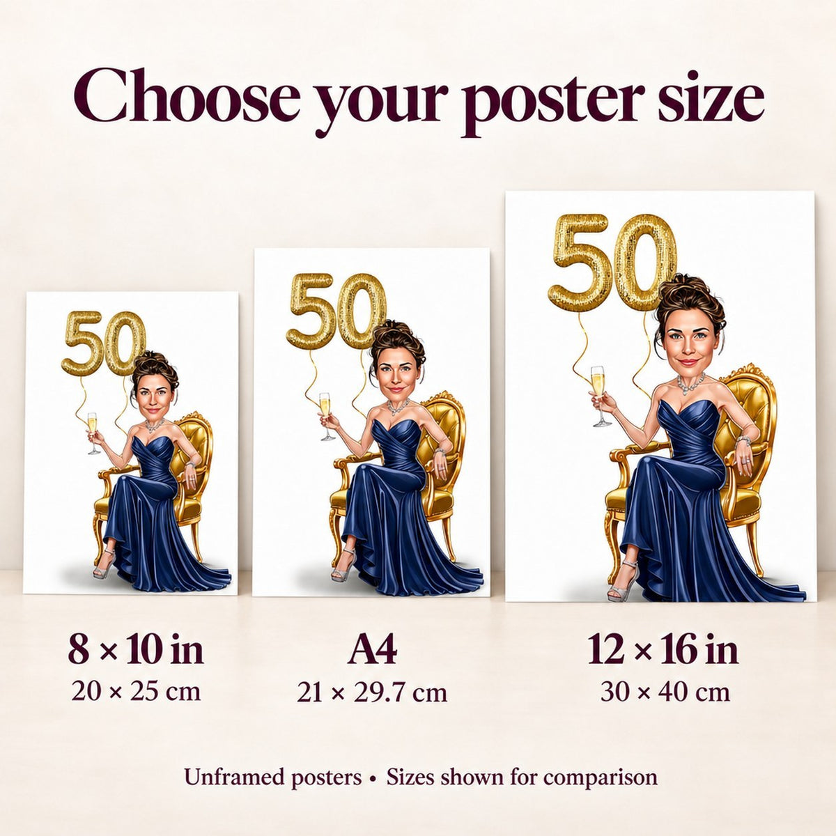 8x10, A4, and 12x16 matte posters compared on a wall for size reference.