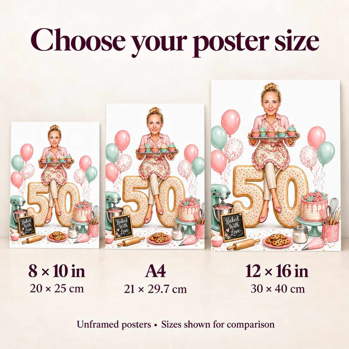 Poster size comparison showing 8x10, A4, and 12x16 prints beside a person.