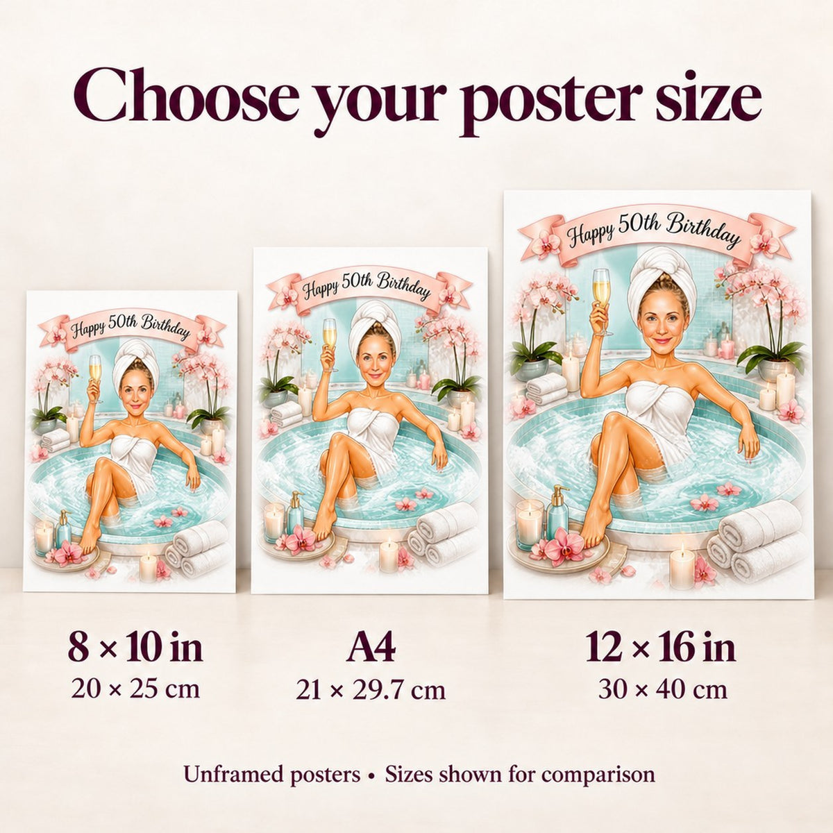 Poster size comparison of 8x10, A4, and 12x16 spa caricature prints on wall.