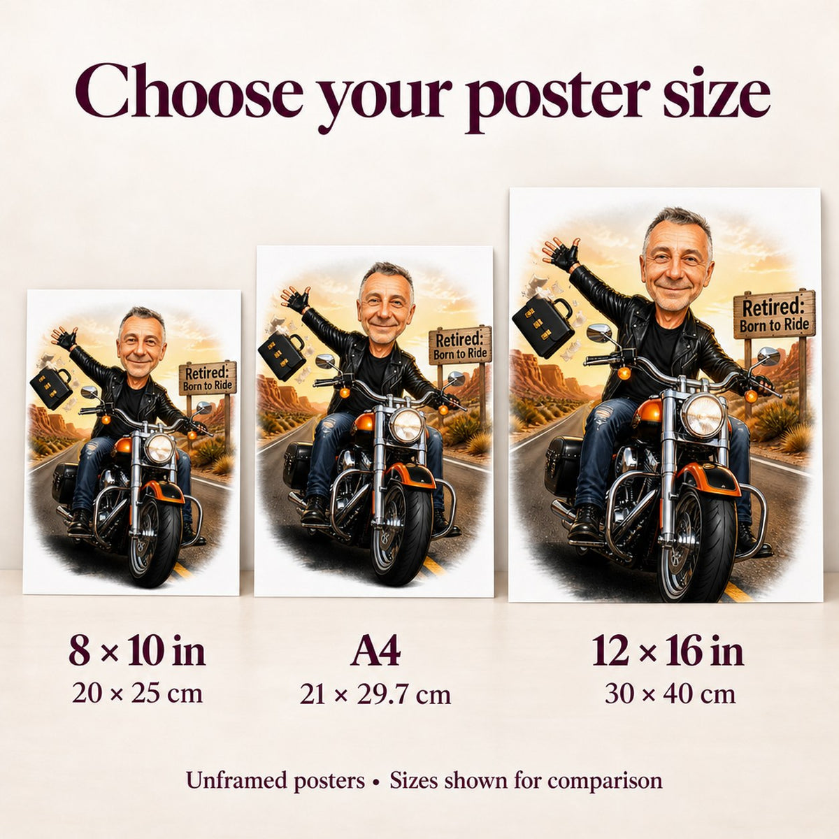 Poster sizes 8x10, A4, 12x16 compared beside a 5x7 greeting card.