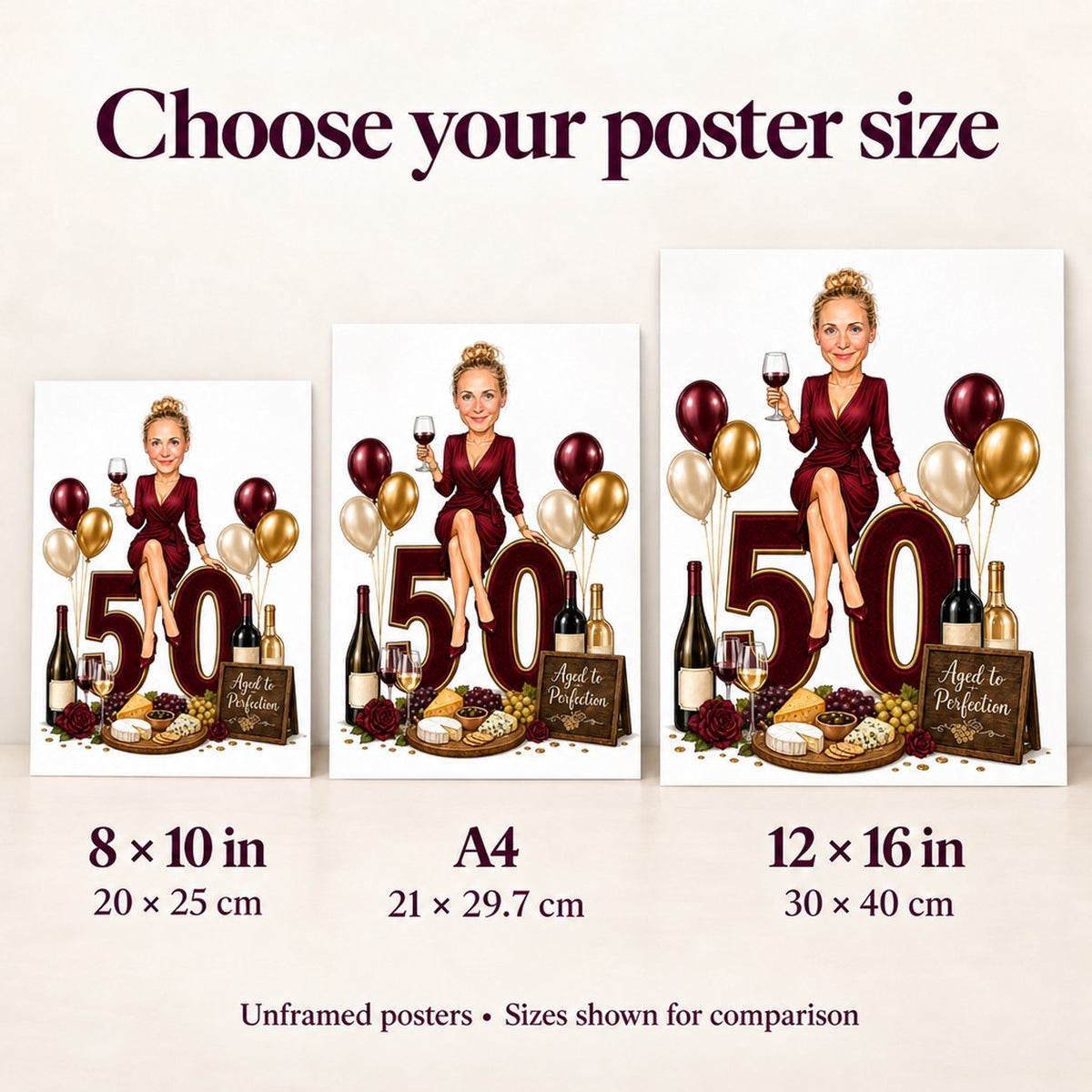 Poster size comparison showing 8x10, A4, and 12x16 prints side by side.