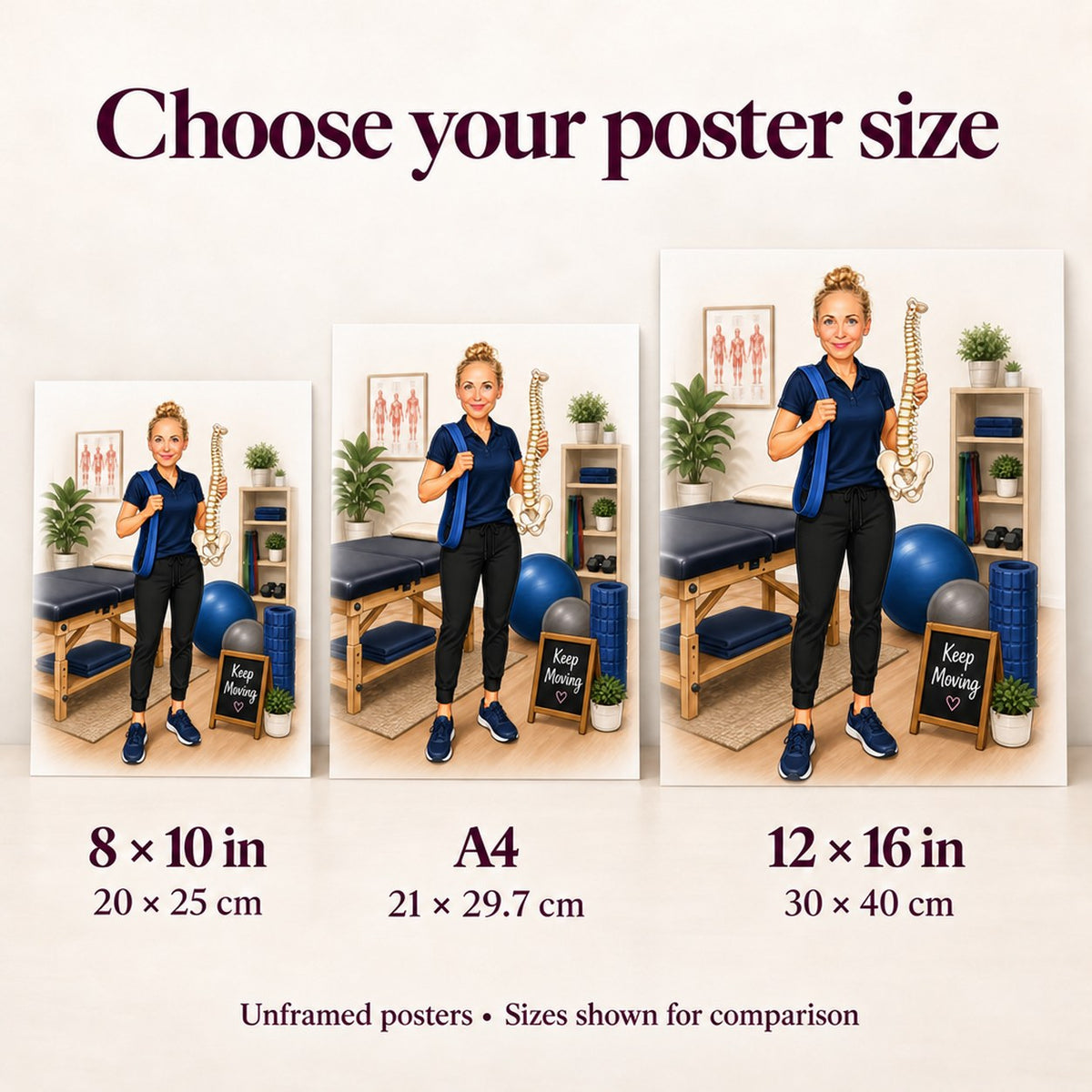 Poster size comparison showing 8x10, A4 and 12x16 prints held for scale.