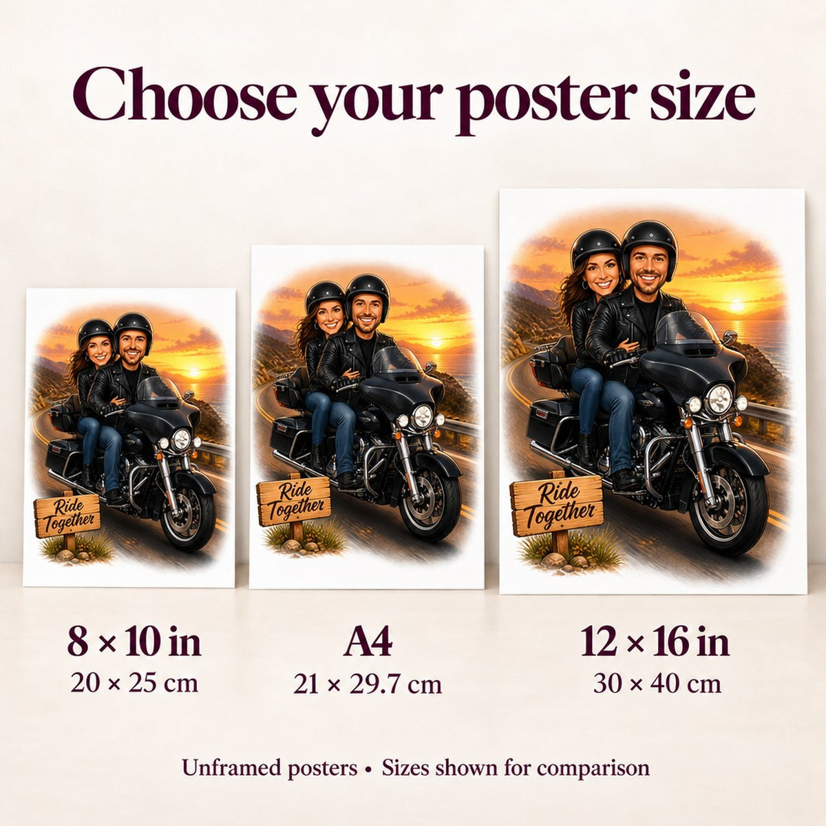 Poster size comparison showing 8x10, A4, and 12x16 motorcycle couple caricatures on a wall.