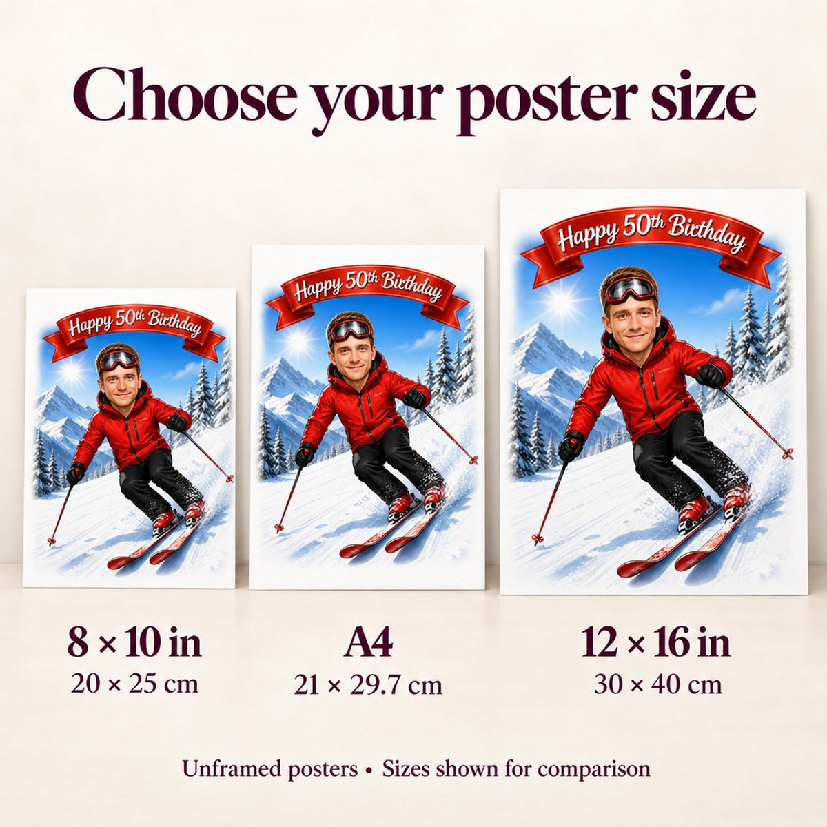 Poster size comparison showing 8x10, A4, and 12x16 ski caricature prints on wall