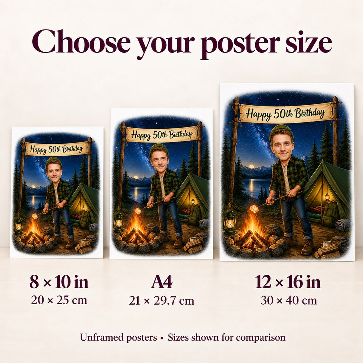 Poster size comparison of 8x10, A4, and 12x16 camping caricature on wall.