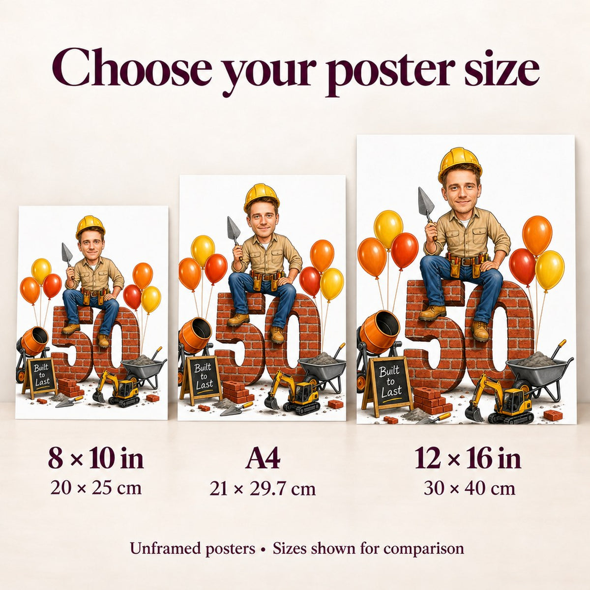 Poster size comparison of 8x10, A4, and 12x16 inches against wall.