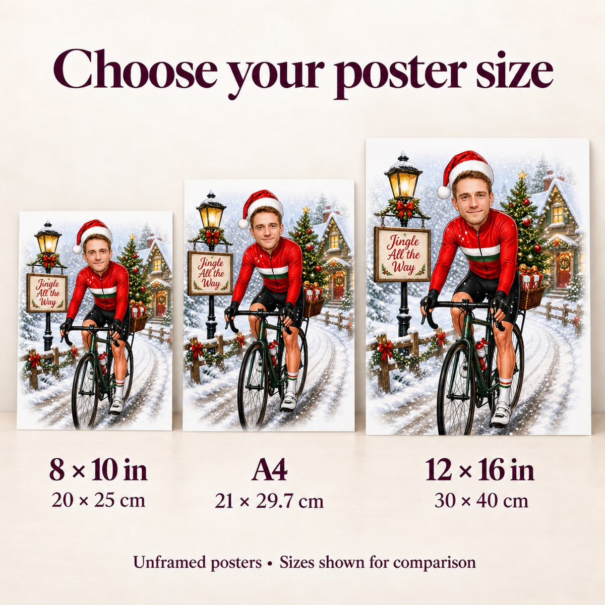 Posters in 8x10, A4, and 12x16 inches displayed side by side for scale.