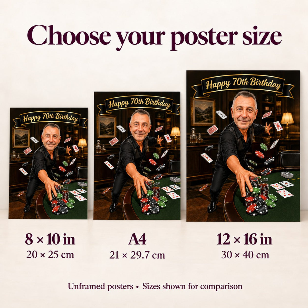 Poster sizes 8x10, A4, and 12x16 compared on wall above desk