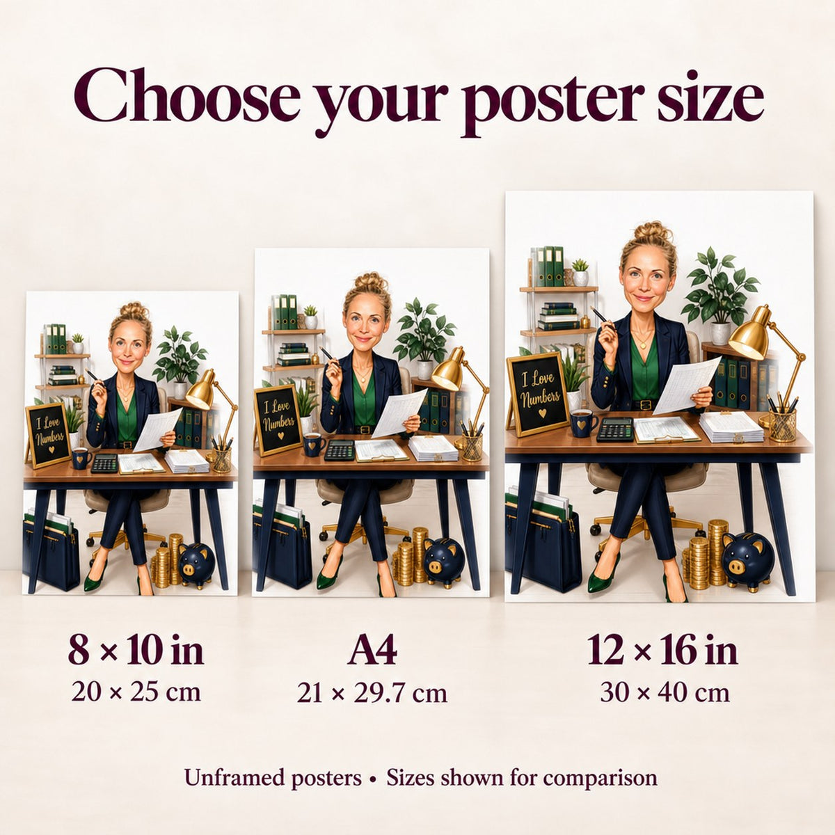 Poster sizes 8x10, A4, and 12x16 inches displayed for scale comparison.