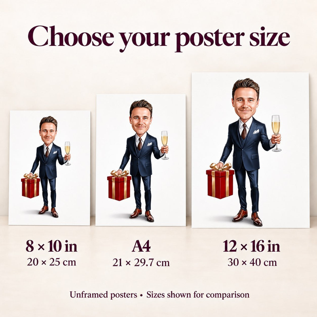 Poster sizes 8x10, A4, and 12x16 shown for easy wall scale comparison