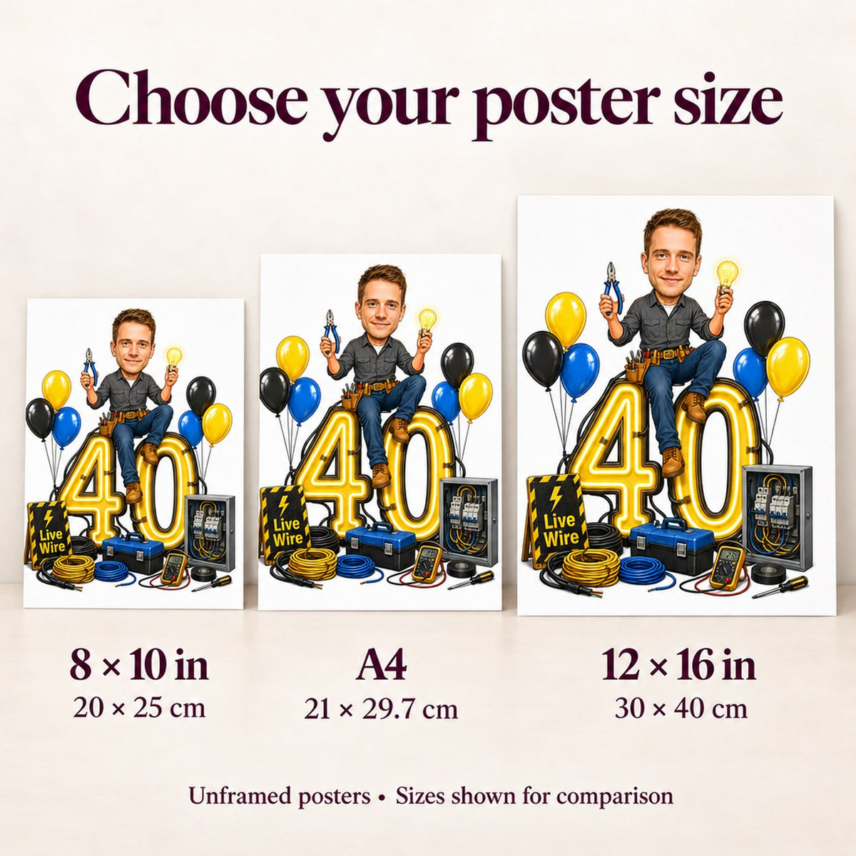 Poster sizes 8x10, A4, and 12x16 shown side by side on wall.