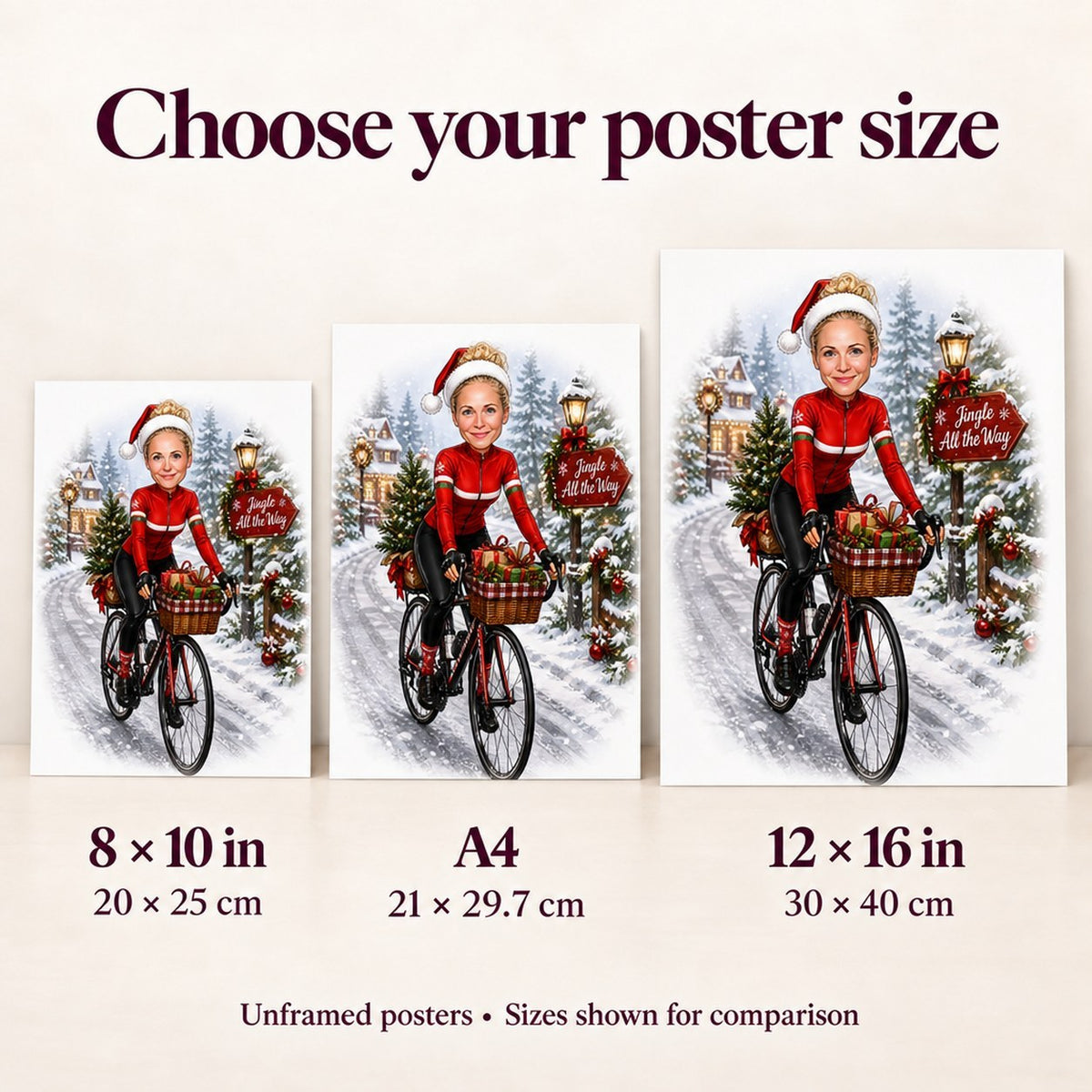 Poster sizes compared: 8x10, A4, and 12x16 inches displayed on wall.