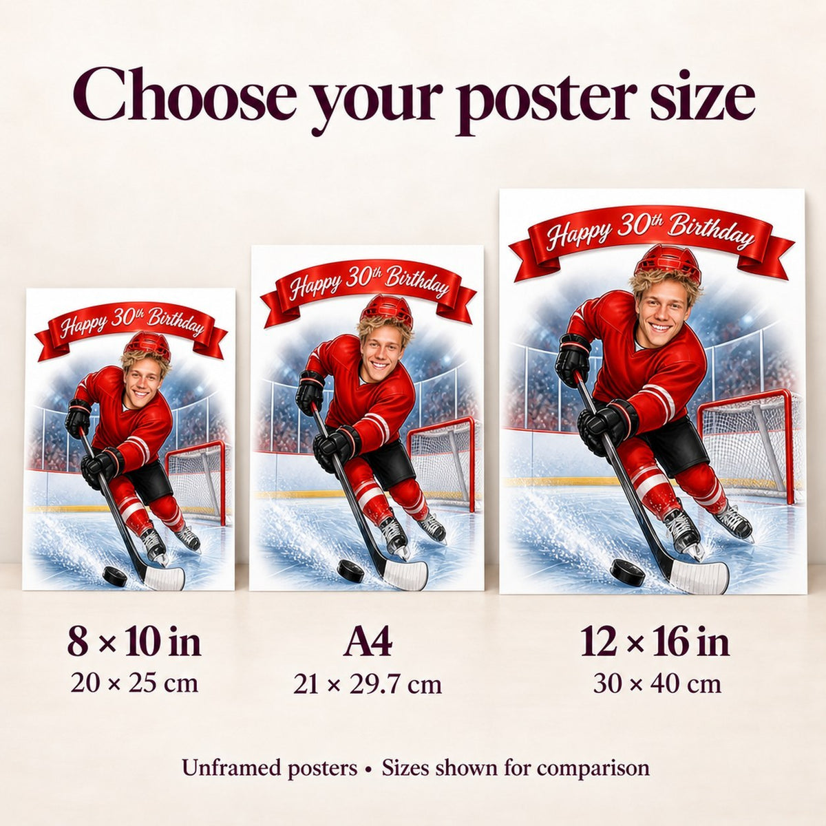 Poster size comparison showing 8x10, A4, and 12x16 on wall