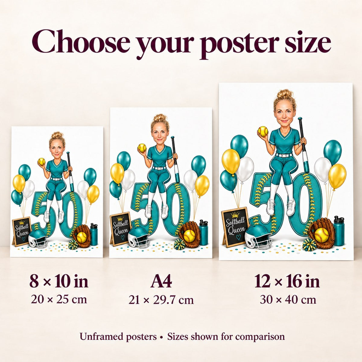 Poster sizes 8x10, A4, and 12x16 shown side by side for scale.