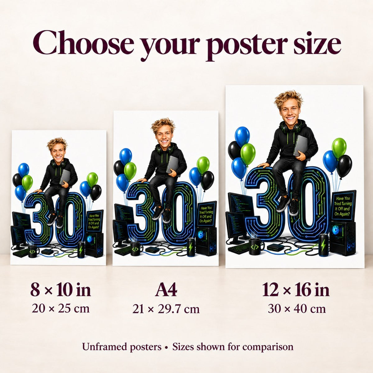 8x10, A4, and 12x16 matte posters shown side by side against a wall.