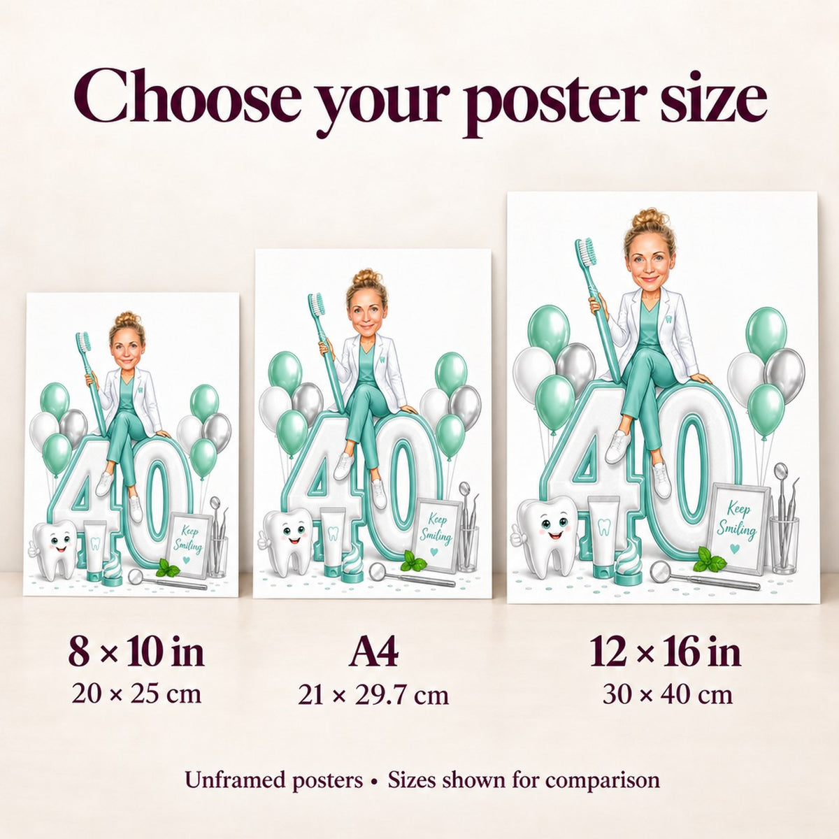 Poster size comparison showing 8x10, A4, and 12x16 dentist birthday caricature prints.