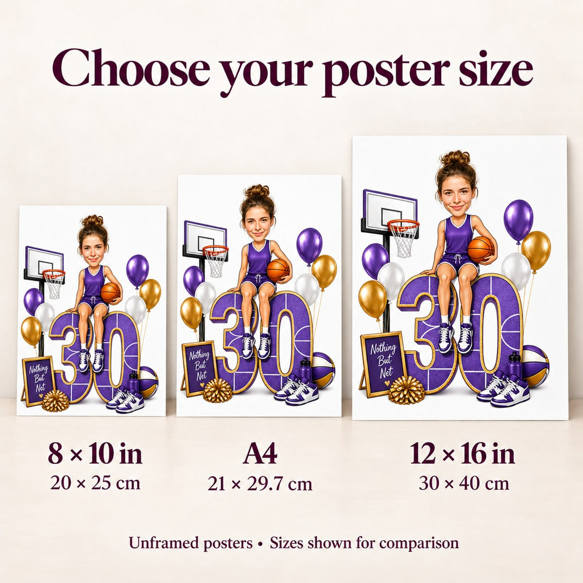 Poster size comparison in 8x10, A4, and 12x16 inches against a person