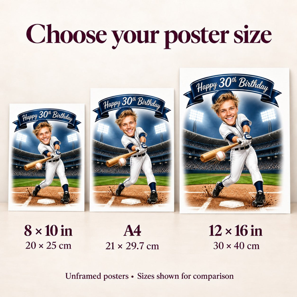 Size comparison of 8x10, A4 and 12x16 baseball poster prints side by side