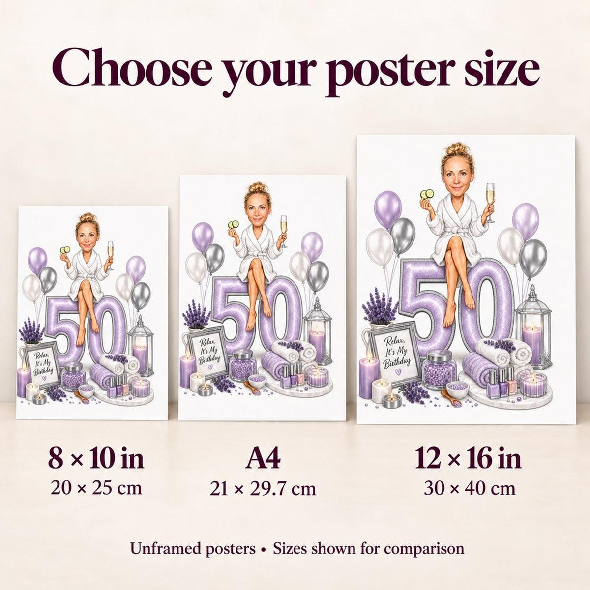 Size guide comparing 8x10, A4, and 12x16 matte posters on a wall.