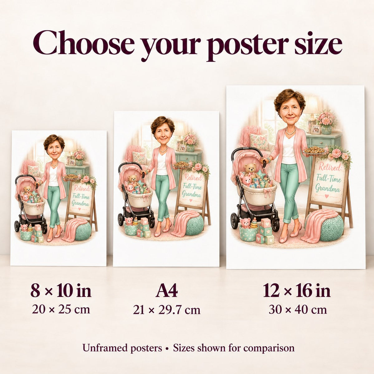 Poster sizes 8x10, A4, and 12x16 compared next to a person silhouette.