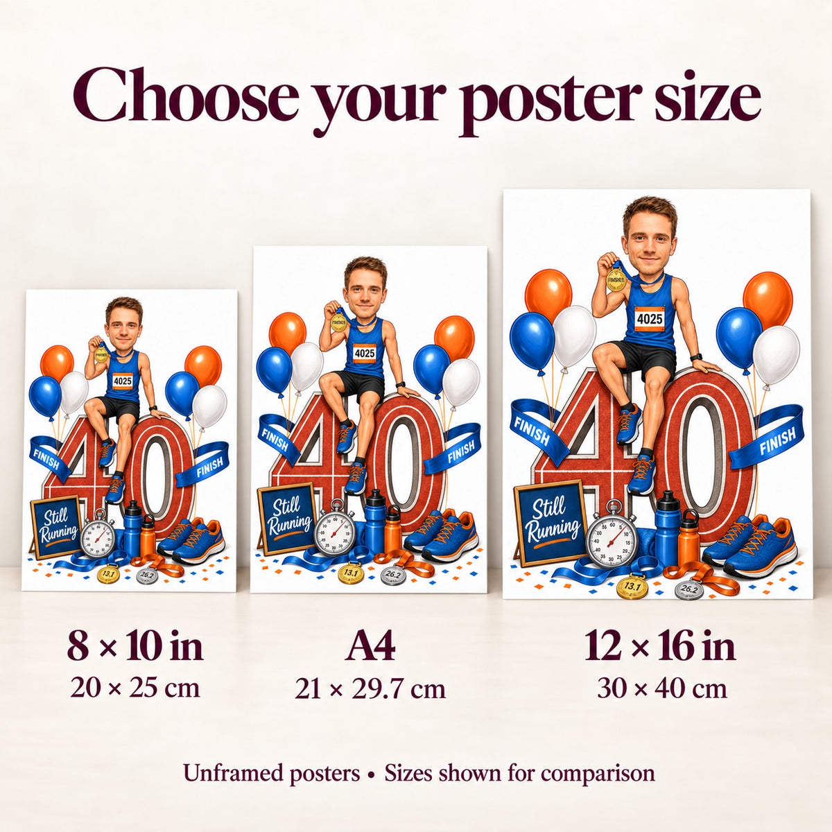 8x10 and 12x16 posters compared with A4 and a 5x7 card for scale.