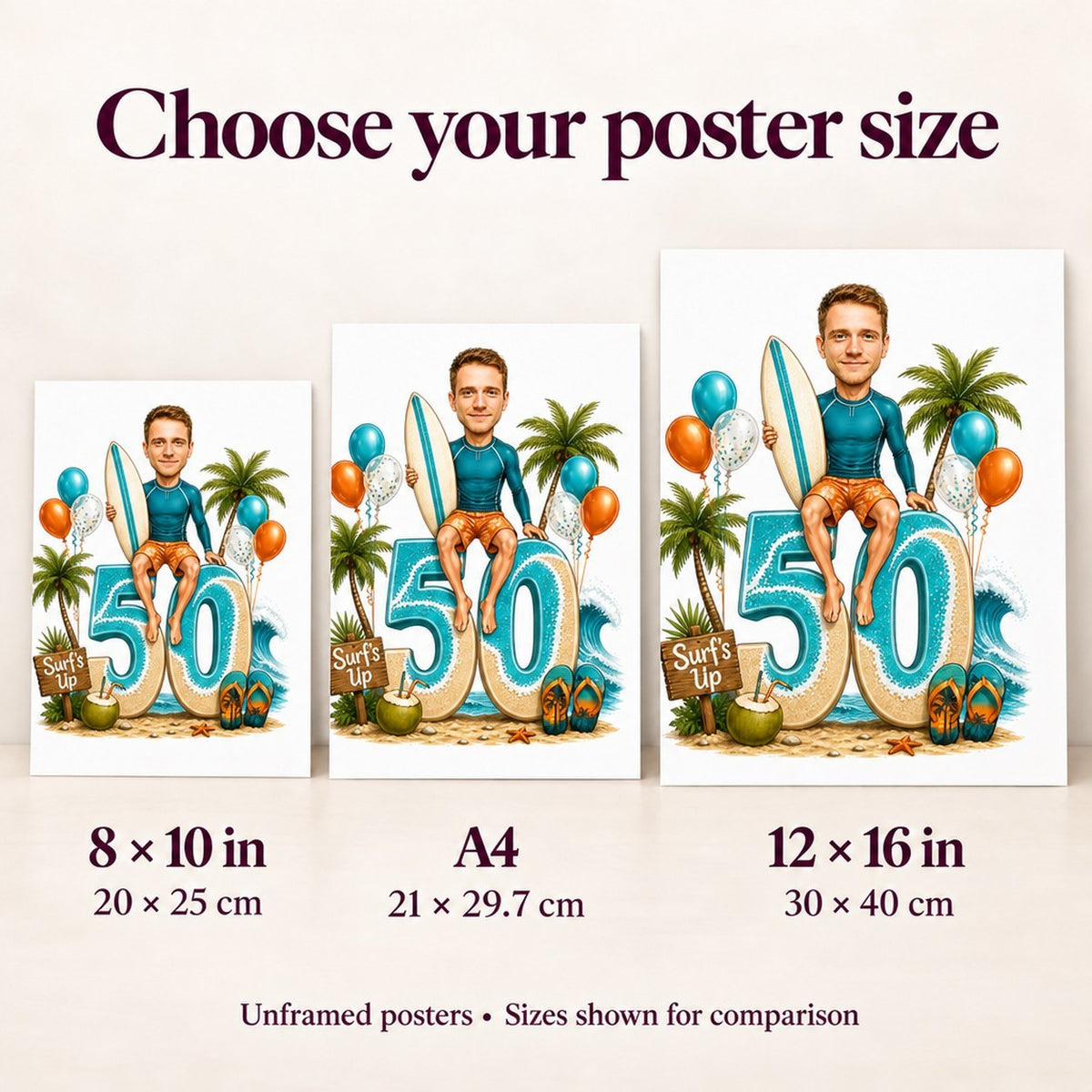 Surfer birthday poster size comparison showing 8x10, A4, and 12x16 formats side by side.