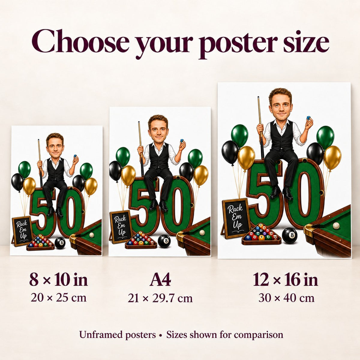 8x10, A4 and 12x16 posters shown side by side for scale.
