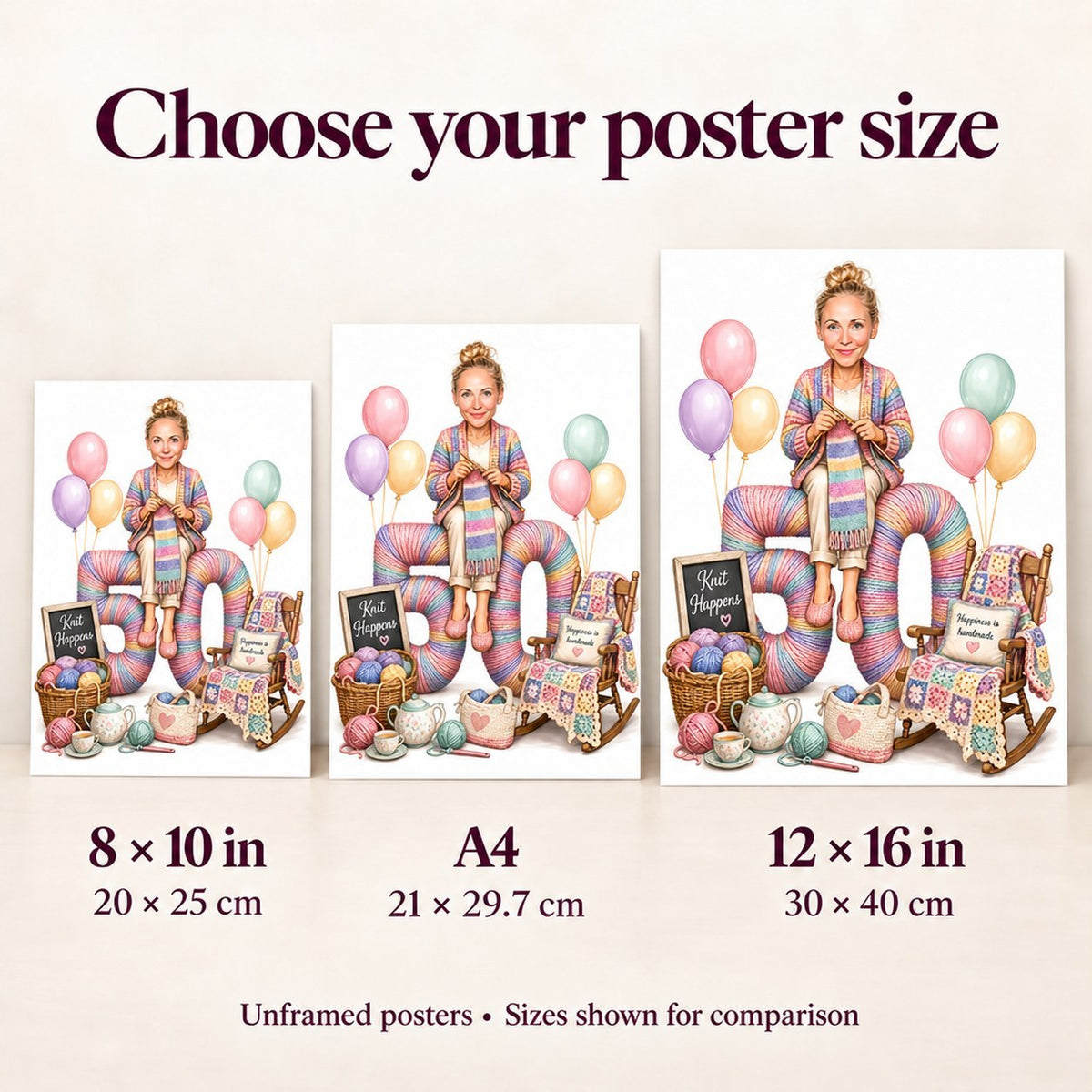 Matte posters in 8x10, A4, and 12x16 inches shown beside chair.