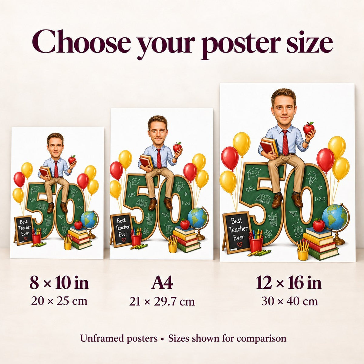 Poster sizes 8x10, A4, and 12x16 compared beside a standing frame.