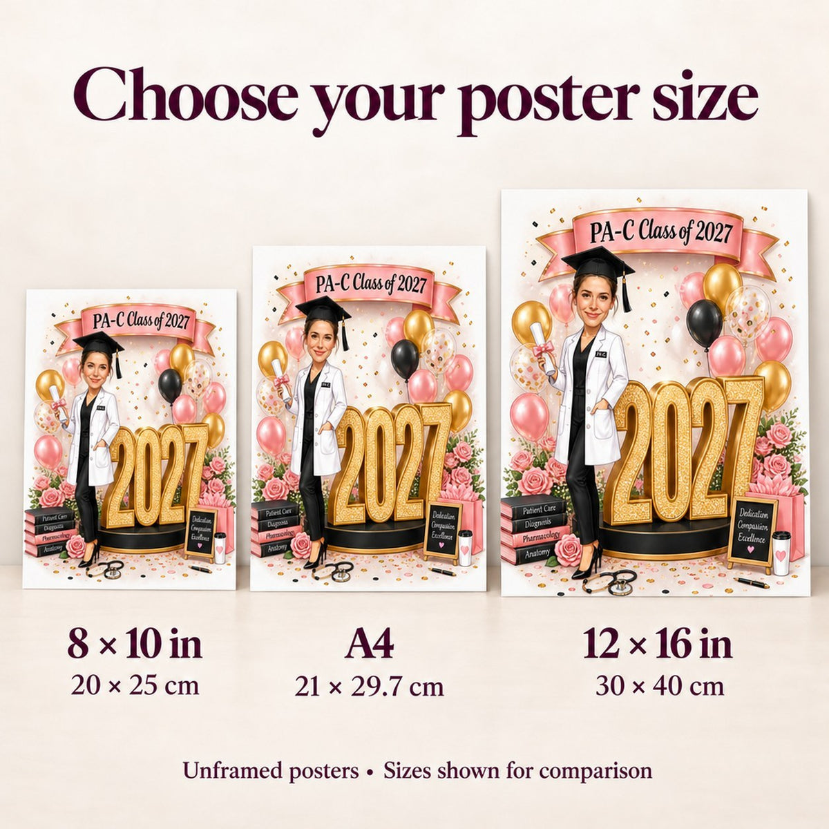Poster size comparison showing 8x10, A4, and 12x16 prints displayed on a wall.