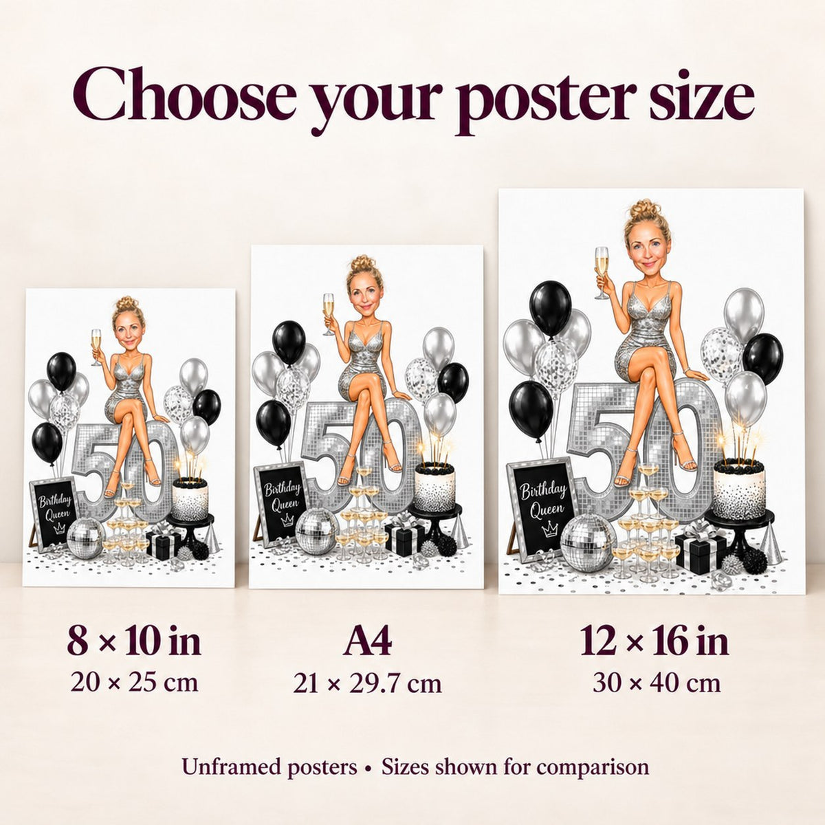 Poster sizes 8x10, A4 and 12x16 shown by scale on wall.