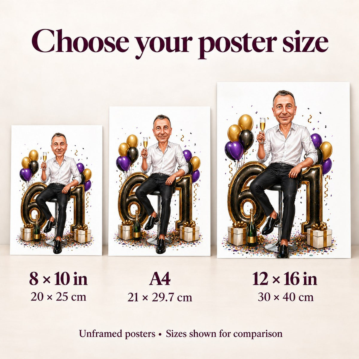 Poster size comparison: 8x10, A4, and 12x16 held by person.