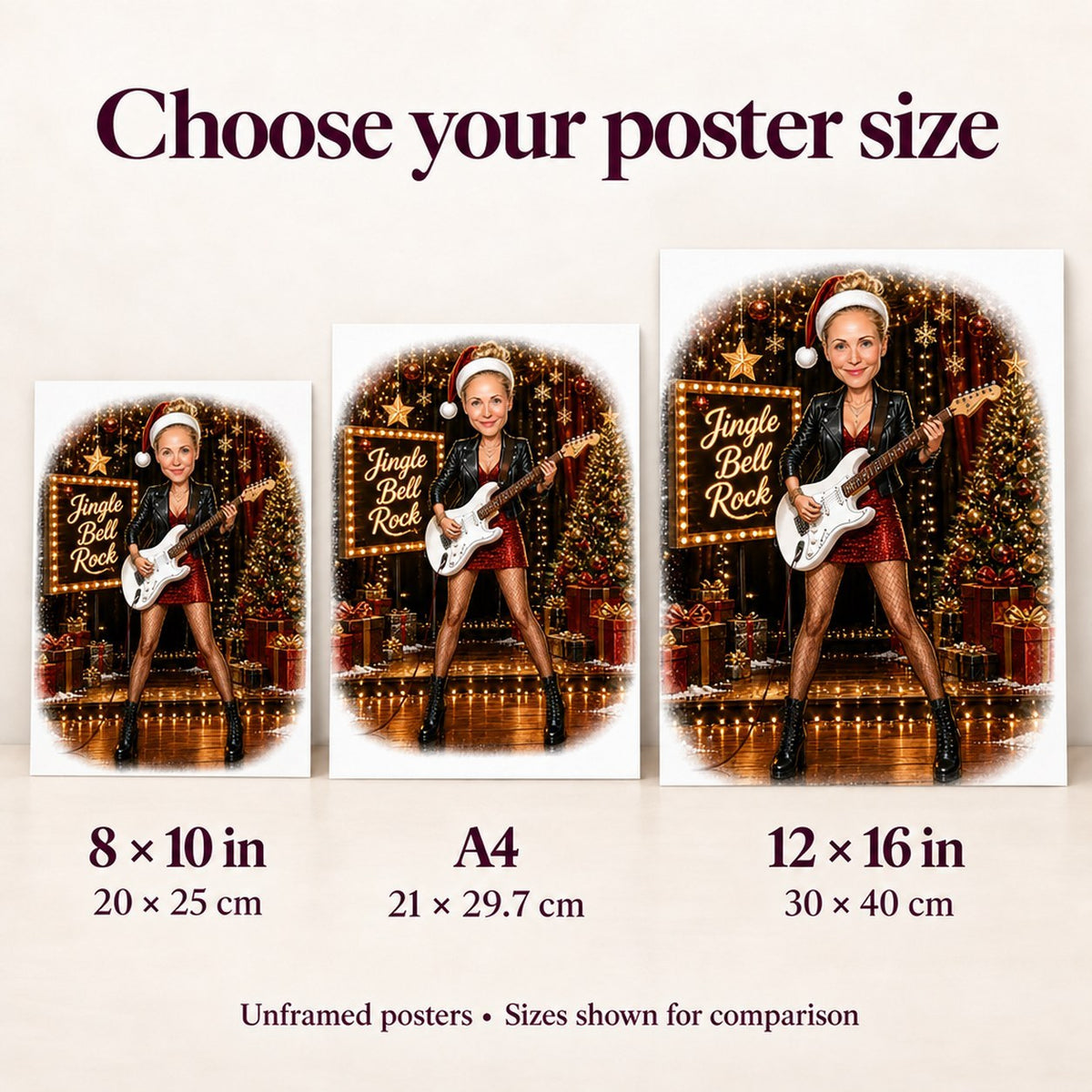 Poster size guide comparing 8x10, A4, and 12x16 Christmas rock design.