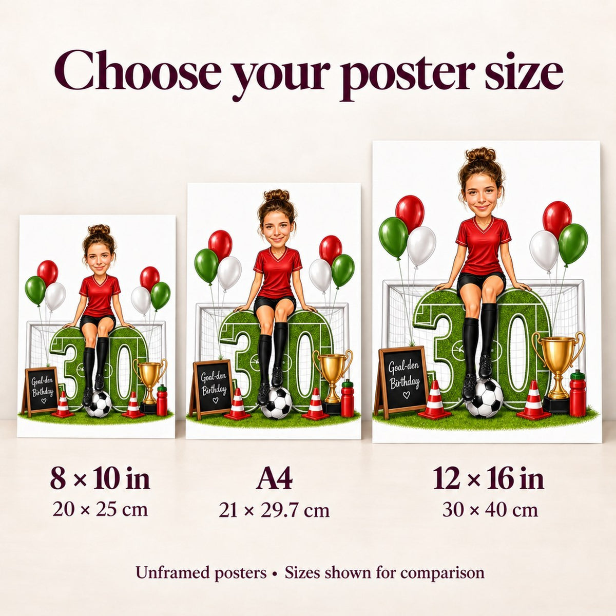 Poster sizes 8x10, A4, and 12x16 shown side by side for scale.
