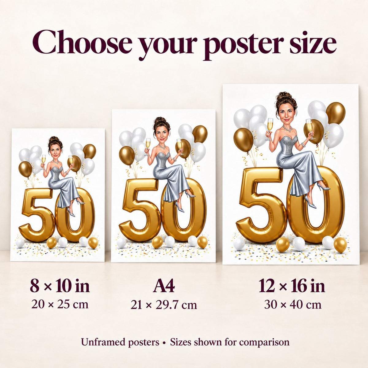 Poster sizes 8x10, A4, and 12x16 compared side by side for scale reference.