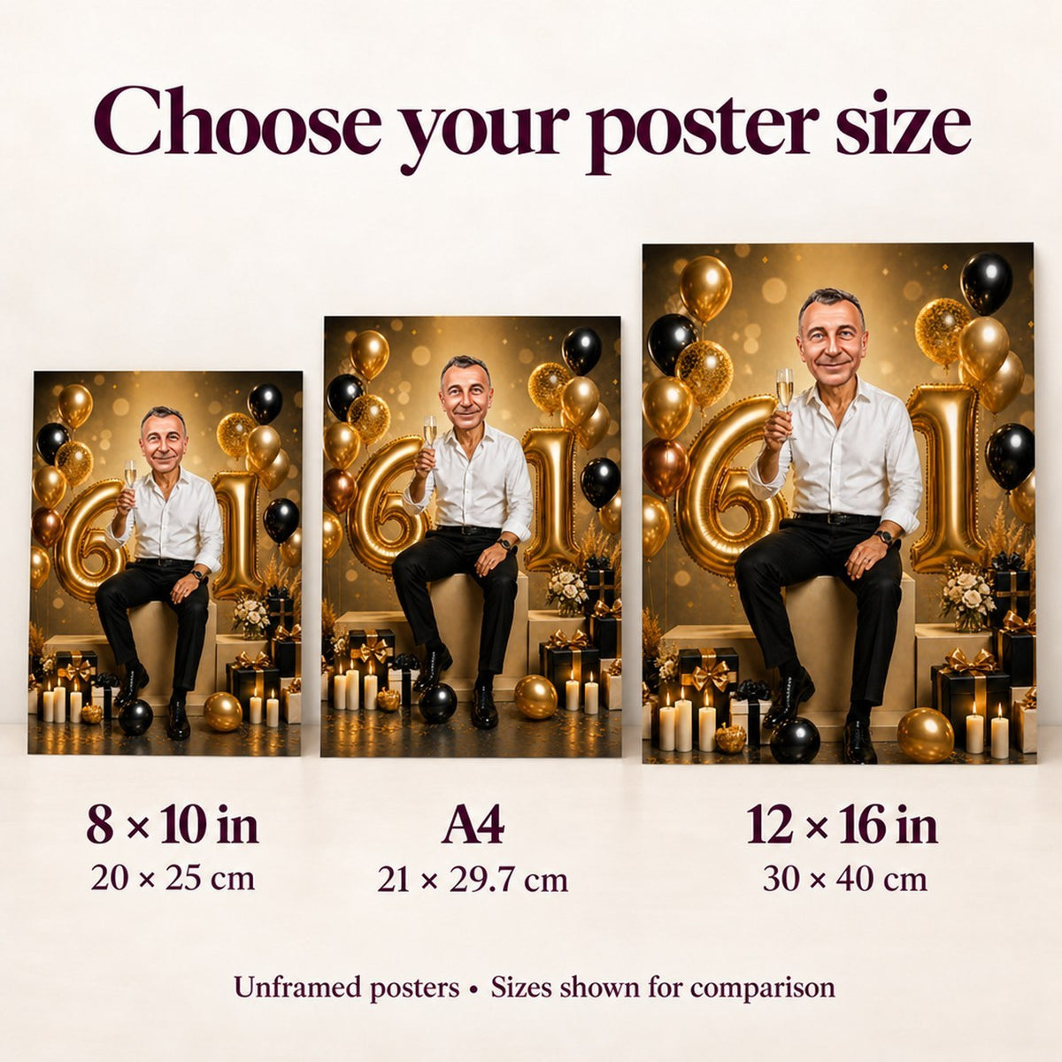 Poster sizes 8x10, A4, and 12x16 shown beside person for scale.