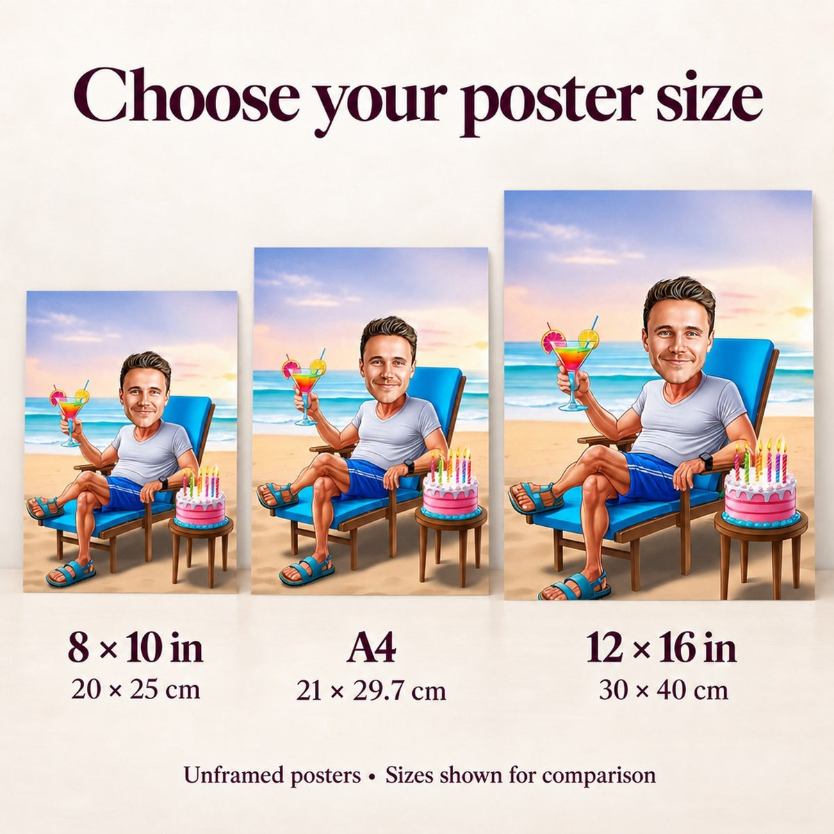Poster size comparison showing 8x10, A4 and 12x16 beach birthday caricature prints.