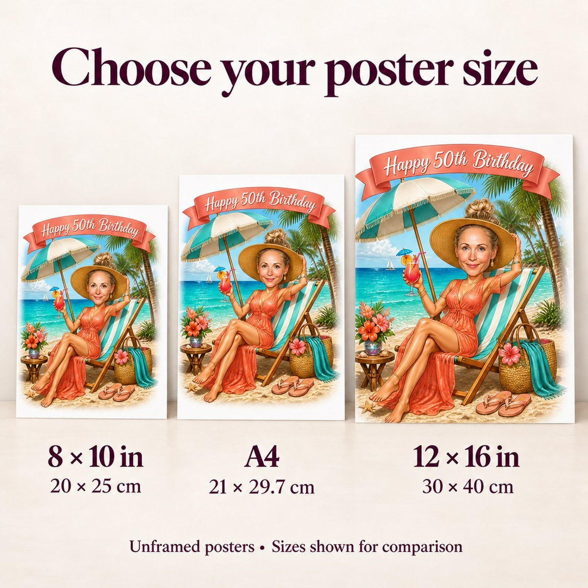 Posters in 8x10, A4, and 12x16 inches shown side by side on wall