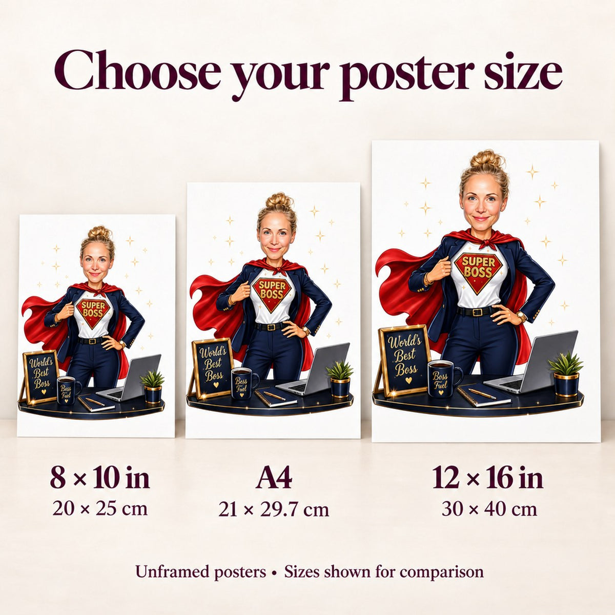 Poster size comparison showing 8x10 inch, A4, and 12x16 inch options.